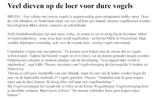 krantenartikel over diefstal van vogels.